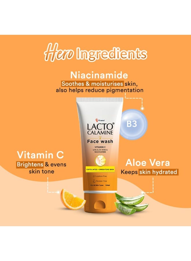 Lacto Calamine Vitamin C Face Wash | Pack of 1 x 100ml | Aloe Vera & Niacinamide Face Wash for Glowing Skin | Facewash that Exfoliates Skin & Reduces Pigmentation | No Parabens, No Sulphates - Image 3